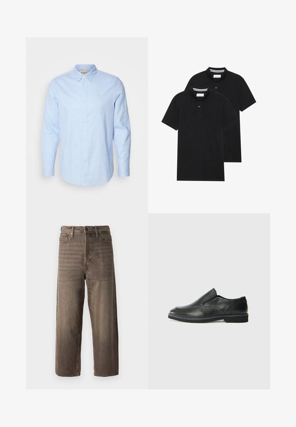 Himmelblaues Langarm-Hemd mit Knopfleiste, Button-Down-Kragen, weißen Knöpfen und subtil gesticktem Logo auf der linken Brust.; Zwei schwarze Polohemden, kurzärmlig, aus Baumwolle, mit einem klassischen Kragen, zwei Knöpfen und weißen Streifenakzenten im Inneren des Kragens.; Braune weit geschnittene Jeans aus Denim. Mit Reißverschluss, Gürtelschlaufen und fünf Taschen. Der Stoff hat eine verblasste, strukturierte Optik.; Schwarze Leder-Slipper mit glattem Obermaterial, gesteppten Akzenten, runder Zehenpartie und niedrigem Gummiabsatz. Die Sohle hat ein minimales Profil.