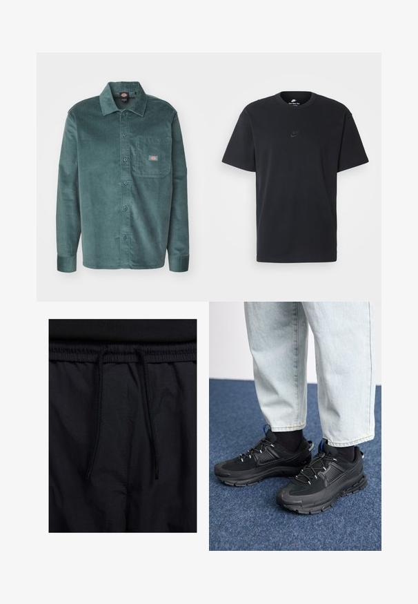 Dickies Shirt - lincoln green; Nike black cotton t-shirt with a classic crew neck, short sleeves, and a subtle, embossed logo on the chest. Smooth texture.; Black shorts featuring a drawstring waistband, lightweight fabric with a smooth texture, and a simple design without visible logos or patterns.; Black athletic shoes with textured fabric and rubber soles, featuring elastic laces and a blue accent on the heel. Worn with light denim pants.