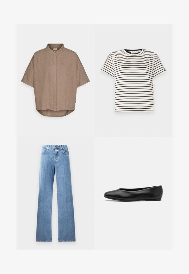 Hnedá ľanová košeľa s krátkym rukávom, s gombíkovým golierom a predným zapínaním, s malým logom na ľavej strane. Krajkový lem na spodnej časti.; Bavlnené tričko s krátkym rukávom a okrúhlym výstrihom, s čiernymi vertikálnymi pruhmi na bielom pozadí a priamym strihom.; Svetlo modré denimové džínsy s širokým strihom, piatimi vreckami, pútkami na opasok a zapínaním na gombík. Tkanina má hladkú textúru.; Paul Smith TOPANGA - Balerínky - black