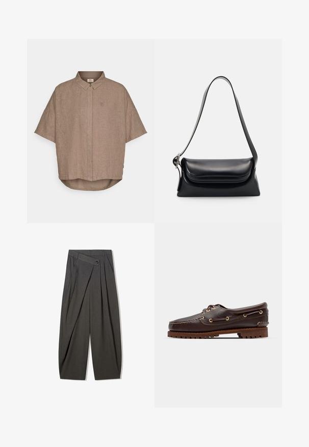 Rövid ujjú barna vászoning gombos gallérral, elöl gombolós résszel és egy kis logóval a bal oldalon. Ívelt szegély alul.; Szürke, plisírozott nadrág magas derekkal, gombos zárással és széles lábakkal. Simább, szőtt anyagból készült.; Barna bőr csónakcipő arany fémlyukakkal, kerek fűzőkkel és texturált barna gumitalppal. Díszített varrásokkal és kiemelkedő logóval rendelkezik.; Fekete bőr kézitáska, amelynek struktúrált formája, sima textúrája és egyetlen vállpántja van. Finom, lekerekített fedél kialakítással rendelkezik.