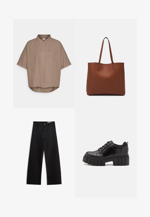 Košulja kratkih rukava od smeđeg lana s ovratnikom na gumbe, prednjim kopčanjem i malim logotipom s lijeve strane. Ispod ima blago zakrivljenu rubnu liniju.; Crne široke traperice s visokim strukom, s prednjim i stražnjim džepovima, šivenim šavovima i kopčanjem na gumb. Glatka tekstura.; Crne kožne platforme s debelim blok-peta, okruglim prstima i klasičnim dizajnom vezanja. Imaju gladak tekstur i minimalne detalje.; Smeđa kožna torba preko ramena s glatkom teksturom, otvorenim vrhom i dvjema naramenicama. Ima minimalne šavove i nema vidljivog hardvera.