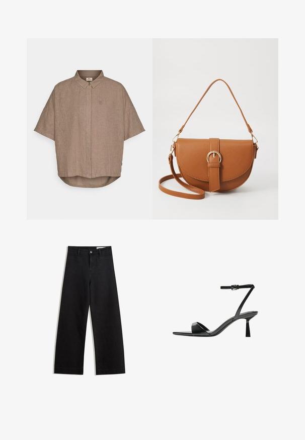 Kortärmad brun linne skjorta med knäppt krage, framknäppning och en liten logotyp på vänster sida. Rundad nederkant.; Svarta vida denimbyxor med hög midja, med fram- och bakfickor, sydda sömmar och knappstängning. Slät textur.; Bershka Sandaletter - black; Brun läder crossbody-väska med en böjd form, gyllene detaljer och en spänneaccent. Har en avtagbar axelrem.
