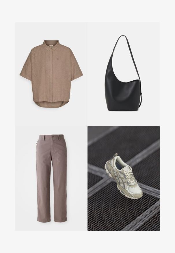 Rudos lino marškiniai trumpomis rankovėmis su sagstomu apykakle, priekine išpjova ir mažu logotipu kairėje pusėje. Kreivė apatinėje dalyje.; Rudos medvilnės twill kelnes su tiesiu kirpimu, turinčios priekinį užsegimą mygtuku ir šonines kišenes, lygų tekstūrą ir švarius kontūrus.; Bežiniai sportiniai batai su tekstūruota tinkline viršūne, subtiliais pilkais akcentais ir paminkštintu liežuvėliu. Apvalus, paminkštintas pado dizainas paprastam naudojimui.; Juodas odinis hobo maišas su lygiu paviršiumi, kreipta forma ir viena reguliuojama rankena; turi platų atidarymą viršuje.
