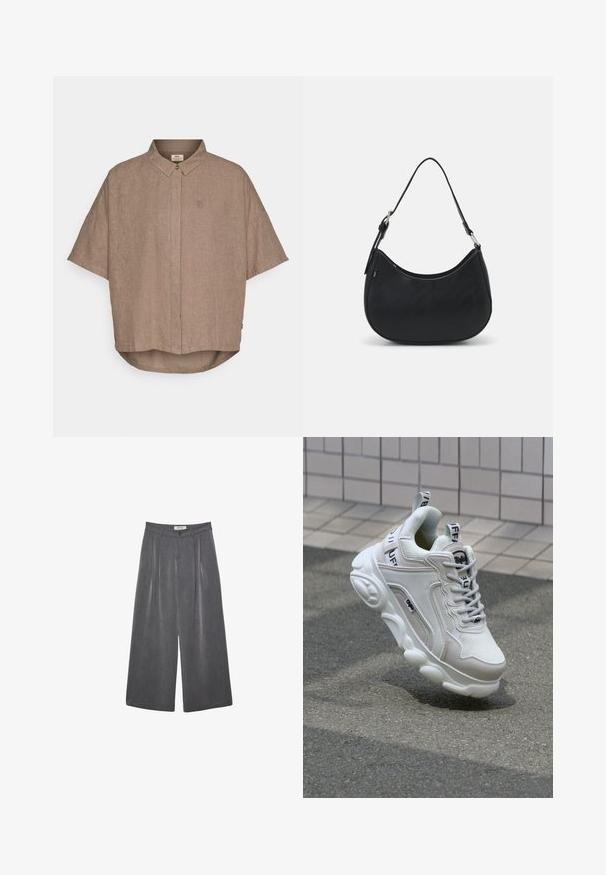 Lyhythihainen ruskea pellavapaita, jossa on nappikaulus, etupaneeli ja pieni logo vasemmalla puolella. Alareunassa on kaareva helmaliuska.; Pleated leveleijoushousut tummanharmaasta kankaasta, jossa on hieno rakenne. Ominaisuuksina napin suljenta ja klassinen vyötärönauhan muotoilu.; Valkoiset tennarit, joissa on verkko- ja nahkamateriaaleja, pyöreä kärki, paksu pohja, erottuvat nauhat sekä brändäys kantapäässä ja kielessä.; Musta hobo-laukku, jossa on sileä nahka ja kaareva siluetti, varustettuna yhdellä säädettävällä hihnalla ja minimalistisilla muotoiluelementeillä.