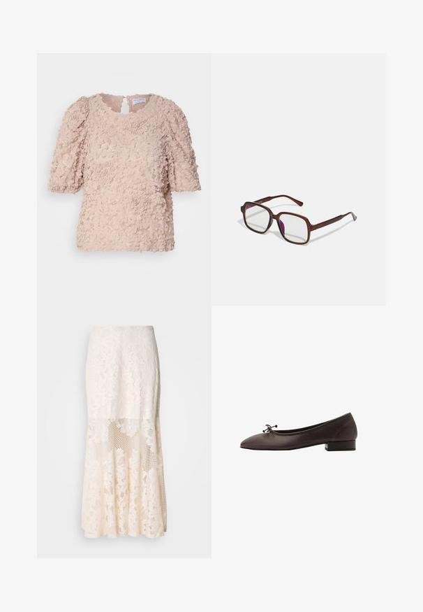 Blushfarbener Blumen-Spitzenoberteil mit kurzen Puffärmeln, einem runden Ausschnitt und einem Schlüsselverschluss im Rücken, versehen mit einem strukturierten, geschichteten Design.; Braunes Langarmoberteil mit rundem Ausschnitt, aus weichem Material. Besitzt ein tailliertes Design und eine glatte Textur.; Blumige Spitzen-Midi-Rock in Creme; verfügt über ein geschichtetes Design mit transparenten Abschnitten, strukturierter Spitze und einem ausgestellten Saum.; Braune Leder-Balletschuhe mit runder Spitze und kleinem Blockabsatz. Mit einer dünnen Schleife an der Vorderseite und dezenten Steppnähten.; Braune, rechteckige Brille mit transparenten Gläsern und lila Tönungen. Glatter Kunststoffrahmen mit geraden Bügeln und dezenten Akzenten.