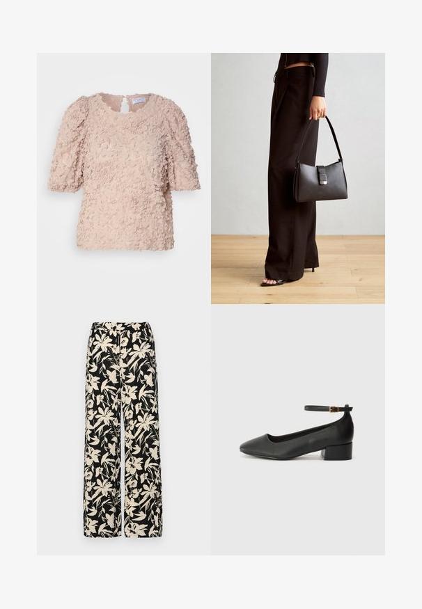 Blushfarbener Blumen-Spitzenoberteil mit kurzen Puffärmeln, einem runden Ausschnitt und einem Schlüsselverschluss im Rücken, versehen mit einem strukturierten, geschichteten Design.; Schwarzes Kurzarmoberteil aus glattem Material, mit einem Peplum-Design und einem taillierten Bund, der mit zwei runden, silberfarbenen Knöpfen ausgestattet ist.; Schwarze weit geschnittene Hose mit einem cremefarbenen Blumenmuster. Hergestellt aus leichtem Stoff, mit einer glatten Textur und einem hohen Bund.; Schwarze Lederpumps mit spitzem Zehenbereich und niedrigem Blockabsatz. Mit einem Knöchelriemen und einer goldfarbenen Schnalle. Glatte Textur.; Schwarze Handtasche mit strukturierter Form, glatter Textur und einem metallischen Verschluss. Kombiniert mit weiten schwarzen Hosen und offenen Sandalen auf einem Holzboden.