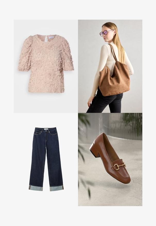 Blushblomstrad spetsblus med korta puffärmar, rund halsringning och en nyckelhålback med en strukturerad, lager-på-lager design.; Mörkblå vida jeans med hög midja, utrustade med uppvikta fållar, kontrasterande sömmar och femficksdesign. Tillverkade av denimtyg.; Brun lackläder loafer med fyrkantig tå, metallkedja som accent och låg blockklack; slät textur, minimalistisk design.; Brun mocka toteväska med mjuk textur, stor öppning och långa axelremmar. Har en enkel design med synliga sömmar och ingen hårdvara.
