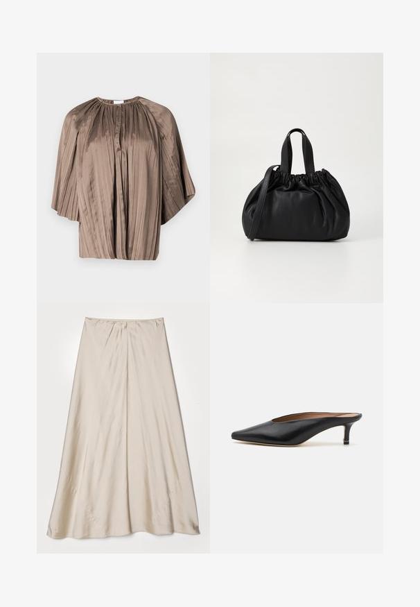 Brown pleated blouse with a round neckline, batwing sleeves, and a button placket at the front. Made of smooth, flowing fabric.; Beige, satin skirt with a flared silhouette. Features a gathered waistband and a subtle sheen, with angled seams and a flowy drape.; Black leather mules with a pointed toe and low, block heel. Smooth texture with a sleek design. Open back with minimal detailing.; Black leather handbag with a gathered top design, featuring two short handles and a long adjustable strap. Smooth texture, rounded shape.