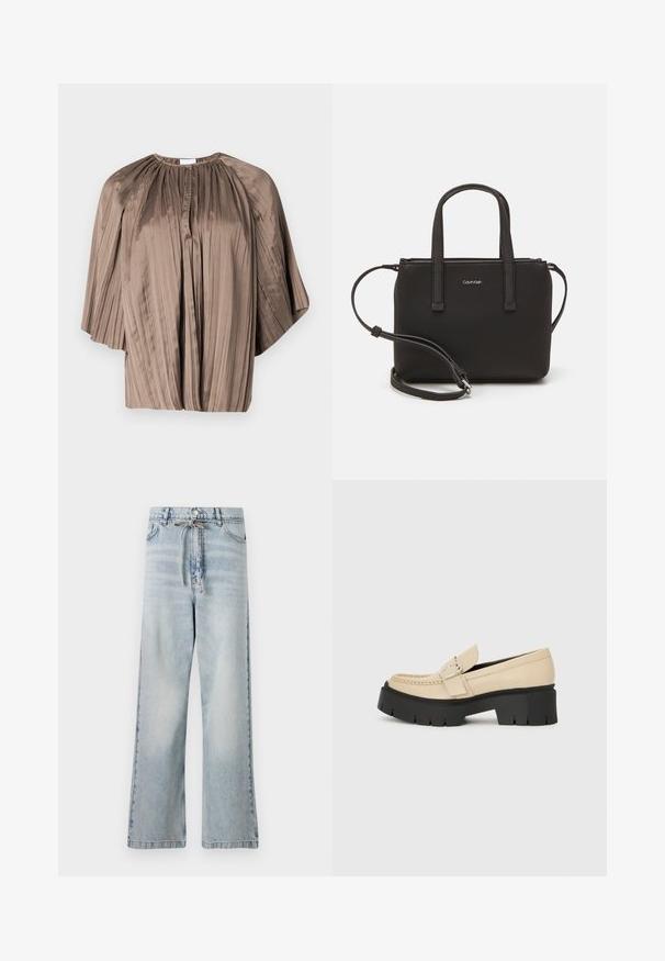 Brown pleated blouse with a round neckline, batwing sleeves, and a button placket at the front. Made of smooth, flowing fabric.; Light blue wide-leg jeans made of denim, featuring a high waist, front pockets, and a drawstring detail at the waist. Distressed texture.; Beige leather loafers with black chunky sole, featuring a decorative buckle and stitching detail on the front. Side view.; Black handbag with dual short handles and a removable shoulder strap. Smooth leather-like material with a zip closure and logo detail.