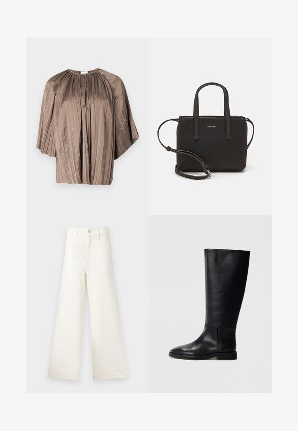 Brązowa bluzka plisowana z okrągłym dekoltem, rękawami w kształcie skrzydeł i zapięciem na guziki z przodu. Wykonana z gładkiego, płynnego materiału.; Szerokie spodnie w jasnym beżowym kolorze wykonane z bawełny. Charakteryzują się wysokim stanem, kieszeniami z przodu oraz prostym krojem. Czyste wykończenie brzegów bez wzorów.; Czarne skórzane kozaki za kolano z zaokrąglonym noskiem, gładką teksturą, minimalistycznym designem i płaską podeszwą. Proste detale szwów na cholewie.; Czarna torebka z dwoma krótkimi uchwytami i odpinanym paskiem na ramię. Gładki materiał przypominający skórę, z zamkiem błyskawicznym i detalem z logo.