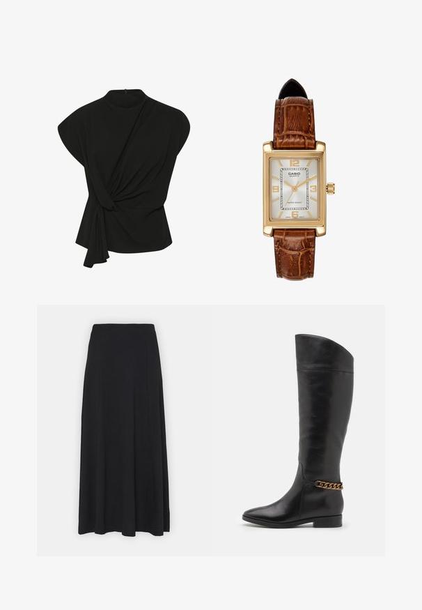 My Essential Wardrobe SANDY - Blouse - black; Maxi skirt in solid black. Flared design with a smooth texture and elastic waistband. No visible patterns or accents.; Tall black leather boots with a sleek design, pointed toe, and a gold chain accent at the ankle. Low block heel. Smooth texture.; Casio quartz watch with a rectangular gold-tone case, white face, gold hour markers, and brown leather crocodile-pattern strap. Water-resistant.