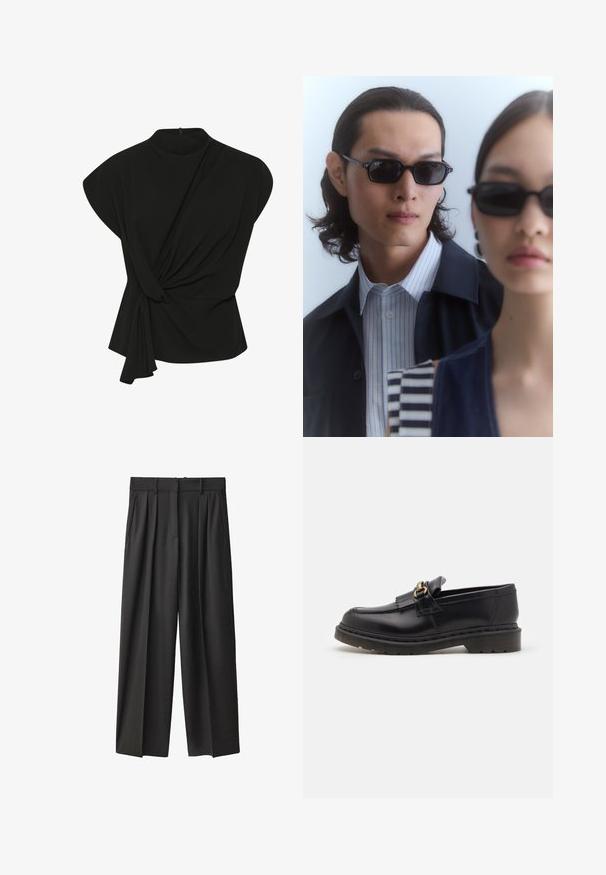 My Essential Wardrobe SANDY - Bluse - black; Schwarz ärmelloses Top aus Baumwolle mit hohem Ausschnitt, strukturierten Schultern und lockerer Passform, sauberem Saum und ohne sichtbare Muster.; Schwarze, weit geschnittene Hosen aus glattem Stoff. Mit hoher Taille, Gürtelschlaufen und vorderen Falten für zusätzliche Struktur.; Schwarze Lederloafers mit runder Zehenform, dekorativem Fransenbesatz und goldenen Hardware-Akzenten. Dicke Gummisohle für zusätzlichen Halt und Strapazierfähigkeit.; Schwarze Sonnenbrillen mit eckigen Rahmen, getragen von einem Mann und einer Frau. Der Mann trägt ein blau-weiß gestreiftes Hemd unter einer dunklen Jacke; die Frau hat ein dunkles, gemustertes Oberteil an.; Schwarze Lederhandtasche mit geschwungenem Design, ausgestattet mit einem abnehmbaren Schulterriemen und silbernen Hardware-Details. Glatte Oberfläche mit einem dezenten Logo.