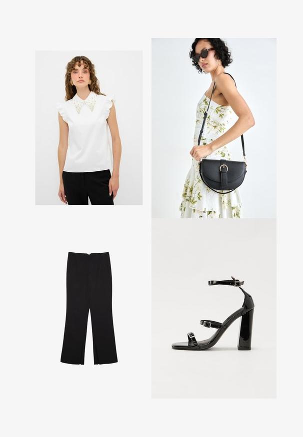 adL WITH STONE COLLAR - Blouse - white; Zwarte broek met een rechte pasvorm, voorzien van zijzakken en plooien aan de onderzijde. Gemaakt van zachte, gladde stof. Geschikt voor verschillende gelegenheden.; Zwarte gepatenteerde sandalen met hak en een vierkante neus, enkelbandjes en zilveren gespen. Heeft een stevige blokhak voor stabiliteit.; Zwarte leren handtas met een gebogen vorm, afneembare schouderband en gouden hardware. De tas heeft een klep met een gespsluiting.