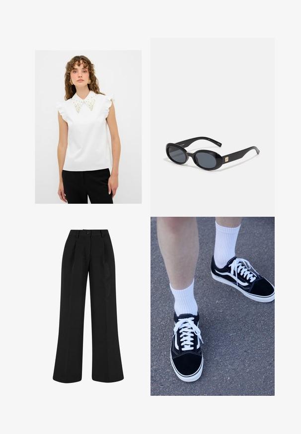 adL WITH STONE COLLAR - Blouse - white; Zwarte wijde broek met voorplooien, gemaakt van een gladde stof. Heeft een knoopsluiting en een getailleerd ontwerp.; Zwarte suède sneakers met witte accenten en veters, gecombineerd met witte geribde crew sokken, geplaatst op een gestructureerd grijs oppervlak.; Zwarte ovale zonnebril met donkere lenzen, glanzend kunststof frame, brede zijkanten en een kleine gouden accent aan de zijkant.