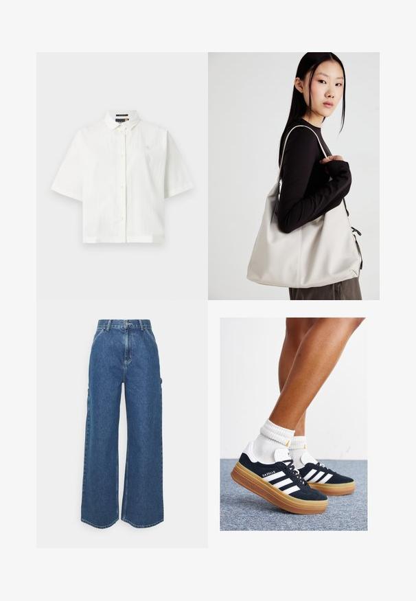 Balta trumpomis rankovėmis marškiniai iš tekstūruoto audinio, su reguliariais apykaklėmis ir mygtukų uždarymu. Mažas logotipas ant krūtinės. Atsipalaidavęs siluetas.; Plačios mėlynos džinsinės kelnes su aukštu juosmeniu, kontrastingais siūlais ir šoninėmis kišenėmis, turinčios klasikinį penkių kišenių dizainą ir brutalius kraštus.; Juodi zomšiniai sportbačiai su baltais dryžiais ir akcentais, apvalios nosies, guminio, gumos pado, derinami su baltais raitytais vidutinio ilgio kojinaitėmis.; Bežinė rankinė, pagaminta iš minkštos medžiagos, turinti laisvą dizainą, siuvinėtas detalės ir dvi petnešos. Tinkama kasdieniam naudojimui.