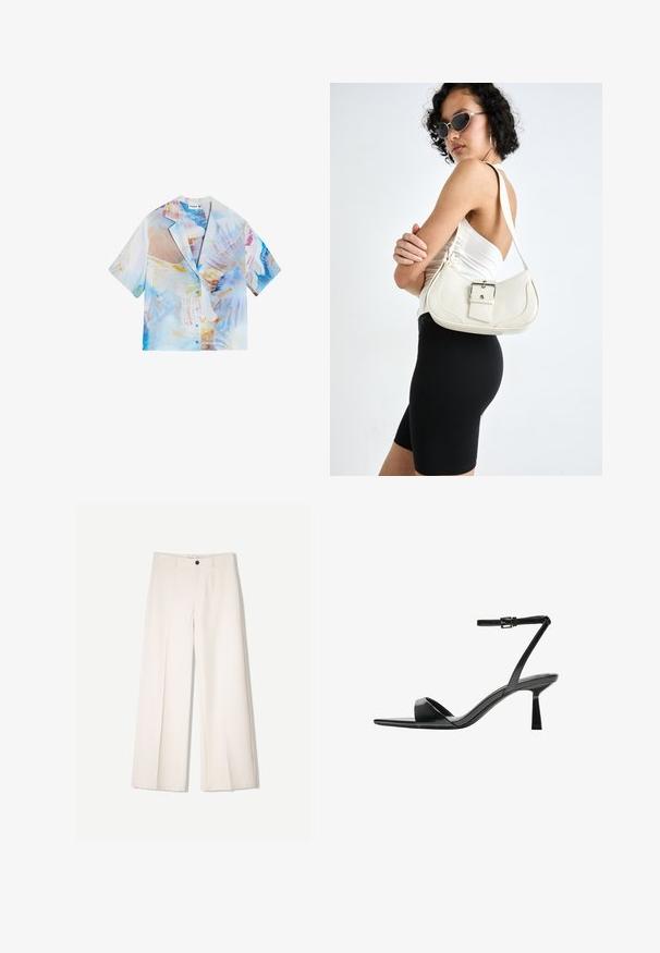 Short-sleeve shirt featuring a light blue and pastel abstract print, button closure, and a relaxed fit with a notched collar.; Cream wide-leg trousers with a tailored design, featuring two front pockets and a single front button closure, made from smooth fabric.; Bershka High heeled sandals - black; White leather handbag with a curved shape, adjustable strap, and a small buckle detail. Model wears a fitted black outfit.