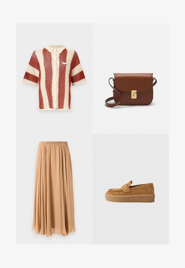 Trumpas rankovėmis megztas marškinėliai kreminės ir rūdo spalvų, su struktūruotu atviru audiniu, apykakle ir mygtukų užsegimu priekyje. Įtraukta logotipo akcentas.; Šviesiai bežinė maksi sijonas, pagamintas iš lengvos medžiagos. Turi surinktą elastingą juosmenį ir švelnius klostes, užtikrinančius judėjimą.; Rudos suedinės loafer tipo bateliai su apvaliu pirštu, turintys raukšlėtą platformos padą ir dekoratyvinę juostą per viršutinę dalį.; Ruda odinė rankinė su uždaromu dangteliu, aukso spalvos detalėmis, petneša ir lygiu paviršiumi. Kompaktiška stačiakampio formos.