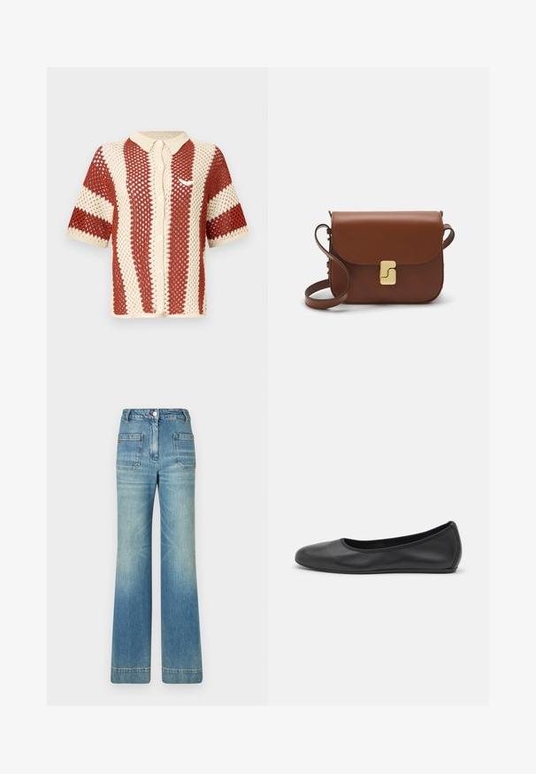 Koszulka z krótkim rękawem dziana w odcieniach kremowym i rdzawym, z teksturowanym otwartym splotem, kołnierzykiem i zapinaniem na guziki. Zawiera akcent z logo.; Biała koszulka krótki rękaw wykonana z materiału prążkowanego. Okrągły dekolt, regularny krój i subtelne detale szwów. Bez wzorów ani grafik.; Jasnoniebieskie dżinsy w kształcie dzwonów z pięcioma kieszeniami, szlufkami na pasek, zapięciem na guzik i lekko wyblakłą teksturą, z czerwonym logotypem na tyle.; Czarne skórzane baletki z zaokrąglonym noskiem, gładką fakturą, minimalnymi przeszyciami i elastycznym designem podeszwy.; Brązowa skórzana torebka na ramię z klapką, złotymi detalami, paskiem na ramię i gładką teksturą. Kompaktowy prostokątny kształt.