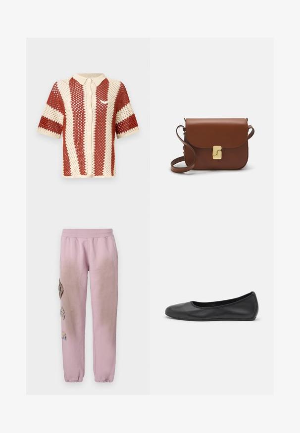 Lühikeste varrukatega trikotaažpolišü laster pehme koorekirjaga ja rustikuga, millel on tekstureeritud avatud kudumine, krae ja nööpide etteaste. Lisatud logo aktsent.; Valge lühikeste varrukatega T-särk ribatud kangast. Ümara kaelusega, tavalisest sobivusest ja peente õmbluse detailidega. Ilma mustrite või graafikateta.; Roosa spordipüksid elastse paelaga vööl, millel on vasakul küljel dekoratiivsed rombikujulised plaastrid ja elastsed mansetid pahkluude juures.; Musthave mustika tantsutossud mustast nahast, ümmarguse varbaga, siledast tekstuurist, minimaalse õmblusdetailiga ja paindliku tallakujundusega.; Pruunist nahast käekott, millel on klapiga sulgur, kuldne riistvara, õlarihm ja sile tekstuur. Kompaktne ristkülikukujuline vorm.