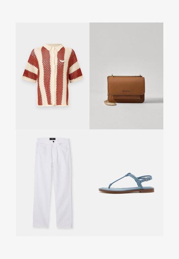 Polo majica s kratkimi rokavi v kremni in rjavi barvi, z teksturirano odprto tkanino, ovratnikom in gumbnim zapiranjem spredaj. Vključuje poudarek z logotipom.; Bele kavbojke iz bele denima s ravnim krojem, zasnovo s petimi žepi in sprednjim gumbom. Imajo gladko teksturo in vidno šivanje.; Modra usnjena japanka z ravnim podplatom, ki ima ozko naramnico in zaponko okoli gležnja za varno prileganje.; Rjava teksturirana usnjena torba čez ramo z zlatim verižnim trakom in zapiranjem na pokrov. Spredaj je vidna podrobnost logotipa in žep pod pokrovom.