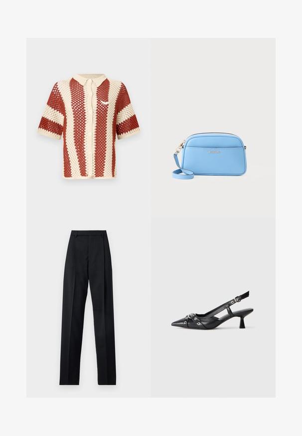 Rövid ujjú kötött póló krém és rozsdabarna színben, amelynek texturált nyitott szövete, gallérja és gombos elülső része van. Tartalmaz egy logós díszítést.; Fekete nadrág sima anyagból, magas derékkal, széles lábakkal, elülső redőkkel és klasszikus övhurkokkal. Oldalzsebek nem láthatók.; Fekete bőr slingback cipő hegyes orral, dekoratív pántokkal, fém szemekkel és alacsony blokk sarkú. Texturált felület.; Világoskék bőr keresztpántos táska aranyszínű fémszerelvényekkel, cipzáras záródással és elülső zsebbel. Állítható pánttal rendelkezik a kényelmes viselet érdekében.