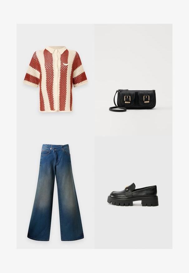 Kratki rukavi pleteni majica u krem i hrđu, s teksturiranim otvorenim tkanjem, ovratnikom i prednjim kopčanjem na dugmad. Sadrži akcent s logom.; Kovrčave plave traperice širokih nogavica, izrađene od traper materijala, s blago izblijedjelim završetkom, vidljivim šavovima, dva prednja džepa i zatvaranjem na dugme.; Crne kožne loafersice s debelim potplatom, s zlatnim akcentom sprijeda i glatkim završetkom. Debeli uzorak na potplatu.; Crna kožna torba preko ramena s dva prednja džepa, zlatnim kopčama, zatvaranjem na zip i uskim remenom. Teksturirana površina i kompaktan pravokutan oblik.