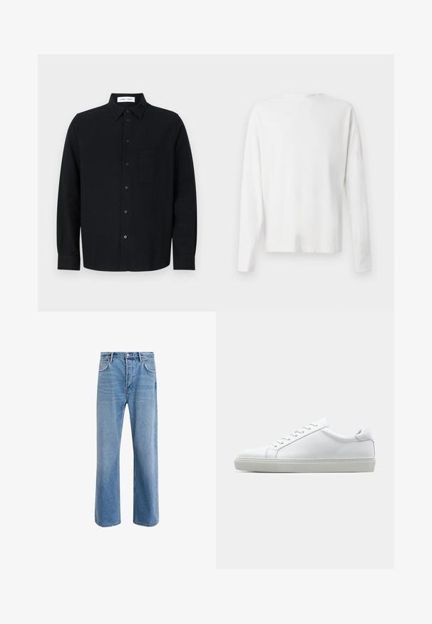 Cămașă neagră cu nasturi, cu guler, buzunar simplu pe piept, mâneci lungi și tiv drept. Fabricată dintr-un material texturat.; Cămașă albă din bumbac cu mâneci lungi, decolteu rotund, fante pe laterale la baza, cu o textură netedă, expusă din spate.; Jeans din denim bleu deschis cu un design drept, cinci buzunare, închidere cu buton, decolorare minimă și detalii de cusătură în contrast.; Adidași albi cu o suprafață din piele netedă și un profil jos. Au un vârf rotunjit, șase orificii pentru șireturi și o talpă din cauciuc texturată.