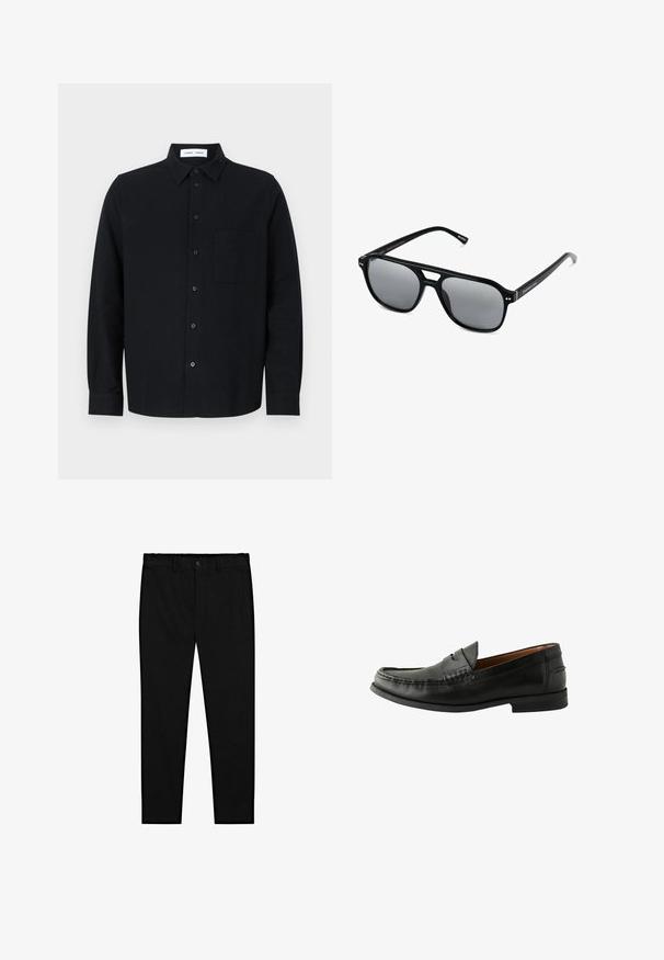 Camicia nera con bottoni, colletto, tasca sul petto, maniche lunghe e orlo dritto. Realizzata in tessuto testurizzato.; Top in cotone bianco, design senza maniche, collo rotondo, texture liscia, realizzato in un tessuto morbido e leggero. Due pezzi esposti.; Pantaloni neri su misura con chiusura a bottone, passanti per cintura e gamba dritta slim, esposti su uno sfondo bianco.; Mocassini in pelle nera con finitura liscia, punta arrotondata, dettagli cuciti a mano e suola bassa in gomma. Design classico e versatile.; Occhiali da sole neri con montatura rettangolare, lenti grigie oscurate e design con intaglio sul ponte. Materiale plastico lucido e slanciato, con tempie sottili.