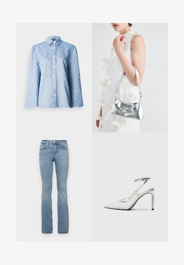 Light blue long-sleeve blouse featuring a textured floral pattern, pointed collar, and white buttons down the front.; Light blue denim flared jeans with a mid-rise waist, featuring five-pocket design, belt loops, and subtle fading on the thighs.; Clear stiletto heel shoe with a pointed toe, transparent material, metallic silver accents, and adjustable ankle strap.; Silver metallic handbag with a structured shape, featuring a top handle and bow detail on the front. Smooth texture, reflective finish.