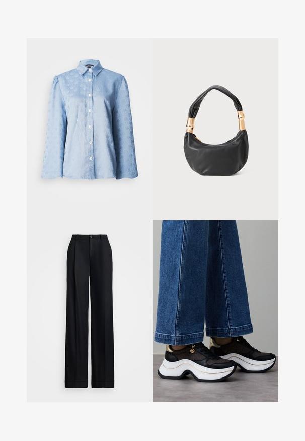 Light blue long-sleeve blouse featuring a textured floral pattern, pointed collar, and white buttons down the front.; Black wide-leg trousers featuring a smooth finish, flat front, belt loops, and a single button closure at the waist.; Black and gold sneakers with a curved white sole. Textured fabric with logo accents. Paired with wide blue denim pants.; Black leather handbag with a round shape, soft texture, and a knotted handle featuring gold-tone hardware accents. Zipper closure.