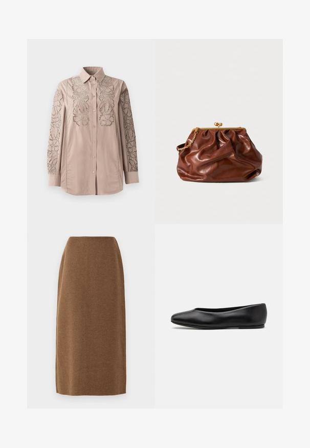 Svijetlo bež košulja sa dugim rukavima i složenim čipkastim cvjetnim vezom na rukavima. Mekani materijal s čvrstim ovratnikom.; Smeđi, suknja do koljena napravljena od mekog materijala s glatkom teksturom i ravnim krojem; sadrži suptilne šavove duž bočnih strana.; Paul Smith TOPANGA - Balerinke - black; Smeđa kožna torbica s zlatnim okvirom i kratkom zlatnom lancem, koja se odlikuje mekanom, naboranom teksturom na bijeloj pozadini.