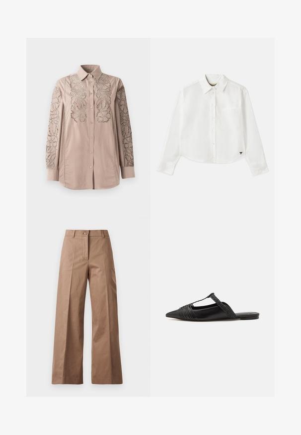 Light beige button-up shirt with intricate lace-like floral embroidery on sleeves. Soft fabric with structured collar and long sleeves.; White cropped long-sleeve shirt made of cotton. Features a button-up front, a chest pocket, and a small black logo on the bottom left.; Brown wide-leg trousers made from a smooth fabric, featuring a front button closure, two front pockets, and clean, tailored lines.; Black leather slingback shoe with a pointed toe, featuring a woven accent and pleated upper design. Flat sole with minimal hardware.