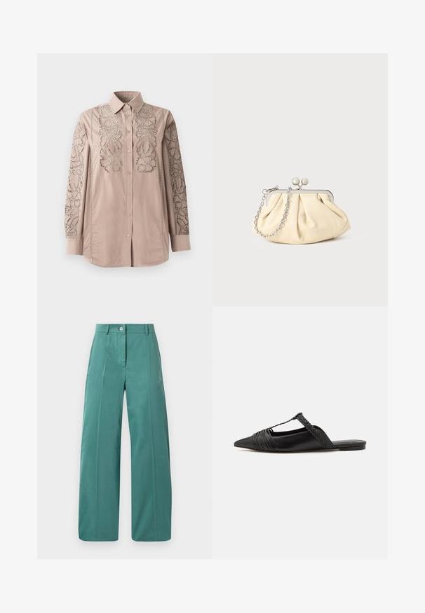 Lys beige knap-op skjorte med intrikate blonde-lignende blomsterbroderier på ærmerne. Blødt stof med struktureret krave og lange ærmer.; Vidde bukser i et blødt teal-stof, med en lukning foran med knap, skarpe folder og en glat overflade. Skræddersyet design med minimal pynt.; Sort læderslyngeback sko med spids tå, der har en vævet detalje og en plisseret overdel. Flad sål med minimal hardware.; Plisseret beige læderclutch med en sølvmetalramme, der har to runde dekorative låse og en sølvkædetrasporte.