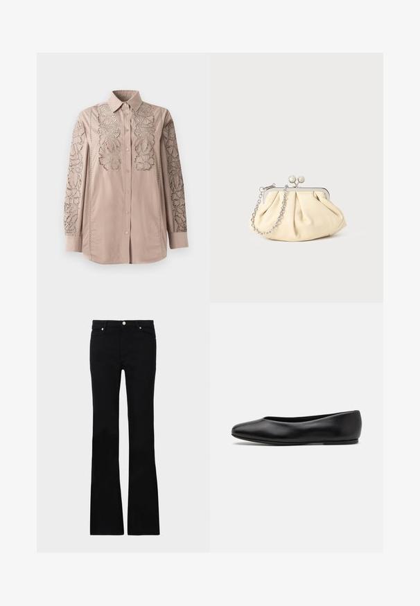 Lichtbeige overhemd met knopen, voorzien van ingewikkelde kantachtige bloemenborduursels op de mouwen. Zachte stof met gestructureerde kraag en lange mouwen.; Zwarte flared jeans van denim, met twee voorzakken, een knoopsluiting en een gladde textuur. Kenmerkende stiksels zichtbaar bij de naden.; Paul Smith TOPANGA - Ballerina's - black; Geplooide beige leren clutch met een zilveren metalen frame, voorzien van twee ronde decoratieve sluitingen en een zilveren kettingriem.
