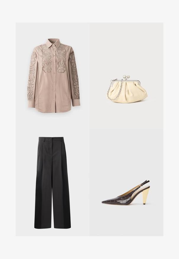 Světle béžová košile na knoflíky s propracovanou krajkovou květinovou výšivkou na rukávech. Měkká tkanina s pevným límcem a dlouhými rukávy.; Černé kalhoty širokého střihu s vysokým pasem, které mají přední sklady, hladký povrch a upravený vzhled. Navrženy pro volný střih.; Slinbková podpatková obuv s špičatou špičkou v tmavě hnědé lesklé umělé krokodýlí kůži. Obsahuje zlatý geometrický podpatek a nastavitelný páskový pásek kolem kotníku.; Plisovaná béžová kožená kabelka na psaní s rámem ze stříbrného kovu, vybavená dvěma kulatými dekorativními uzávěry a stříbrným řetízkem.