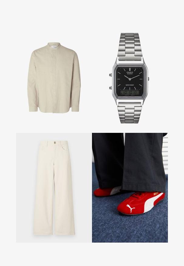 Světle béžová lněná košile se stojáčkovým límcem, plným zapínáním na knoflíky vpředu, dlouhými rukávy a volným střihem. Minimalistický design, texturovaná tkanina.; Krémové kalhoty s širokými nohavicemi vyrobené z bavlněné směsi. Mají přední zapínání na knoflík, poutka na opasek a boční kapsy. Hladký, strukturovaný povrch.; Červené semišové tenisky s bílými detaily, mají texturovaný materiál, kulatou špičku a zlaté logo na boku, nošené s černými kalhotami.; Stříbrné nerezové ocelové hodinky s quartzovým strojem a černým obdélníkovým ciferníkem, které mají analogové ručičky, digitální displej a označení voděodolnosti.
