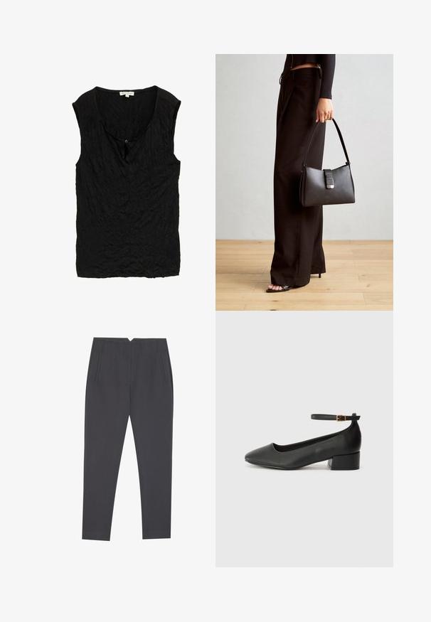 Čierny, bezrukávový top s textúrovanou, zvrásnenou tkaninou. Obsahuje okrúhly výstrih a malý gombíkový detail na prednej strane.; Tmavošedé zúžené nohavice so bočnými vreckami a prednými záhybmi, navrhnuté pre presný strih.; Čierne kožené lodičky s špicatou špičkou a nízkym blokovým podpätkom. Obsahuje remienok okolo členka so zlatým prackou. Hladký povrch.; Čierna kabelka so štruktúrovaným tvarom, hladkou textúrou a kovovou sponou. V kombinácii so širokými čiernymi nohavicami a sandálmi s otvorenou špičkou na drevenej podlahe.