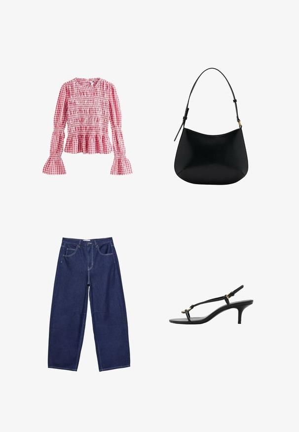 Next Blůza - pink; Tmavě modré džínové kalhoty širokého střihu s vysokým pasem, pěti kapsami a kontrastním bílým šitím. Hladký povrch, klasický design.; Černé kožené sandály na kotníkovém podpatku s tenkými pásky, zlatou sponou a minimalistickým provlečením na prstech na bílém pozadí.; Černá kožená taška přes rameno s hladkým povrchem, zakřiveným tvarem a nastavitelným uchem. Má minimální prošívání a jednoduchý design.