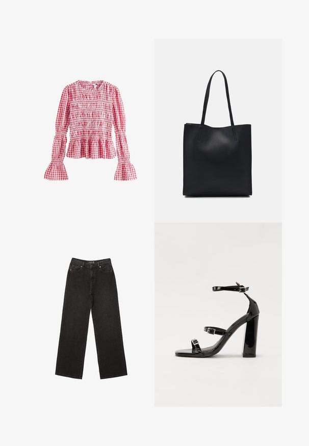 Next Blúzka - pink; Čierne široké džínsy vyrobené z denimu, s malými bodkovanými vzormi, klasickým dizajnom s piatimi vreckami a zapínaním na gombík a zips.; Čierne lakované sandále na podpätku so štvorcovou špičkou, navlečenými remienkami okolo členku a striebornými prackami. Disponujú masívnym blokovým podpätkom pre stabilitu.; Čierna kožená taška na rameno s hladkým povrchom, obdĺžnikovým tvarom a dvoma dlhými uchami. Bez viditeľného kovania alebo ozdôb.