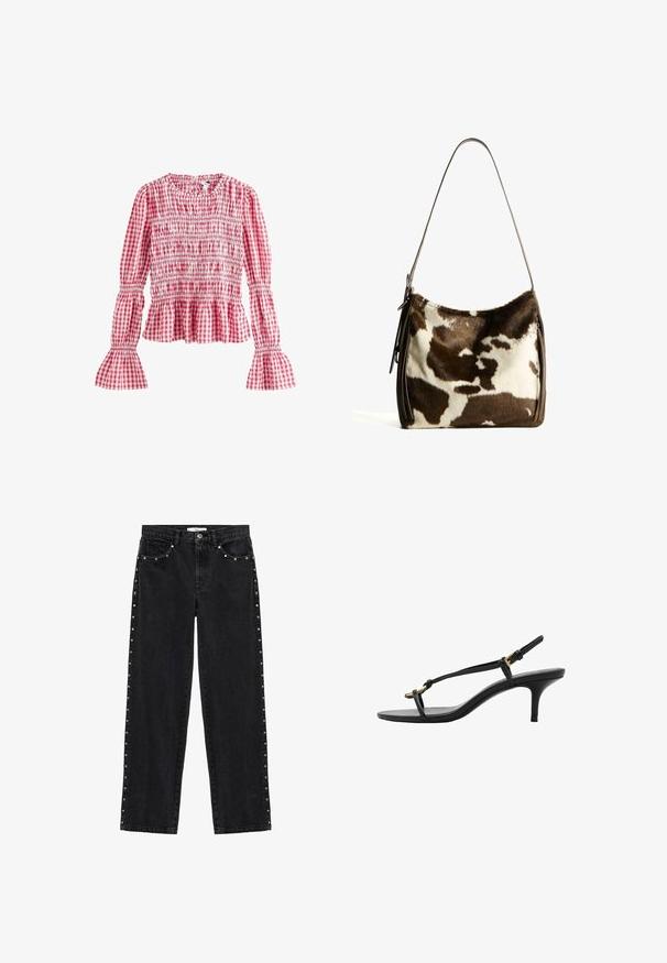 Next Bluză - pink; Jeans negri din denim cu un design drept, având accente metalice pe cusăturile laterale și două buzunare frontale.; Sandal cu toc kitten din piele neagră, cu curele subțiri, cataramă aurie și buclă minimalistă pentru degetele de la picioare, pe un fundal alb.; Geantă de umăr din piele de vacă maro și crem, cu o bandă din piele netedă, închidere cu fermoar și o suprafață moale, texturată, cu un model natural.