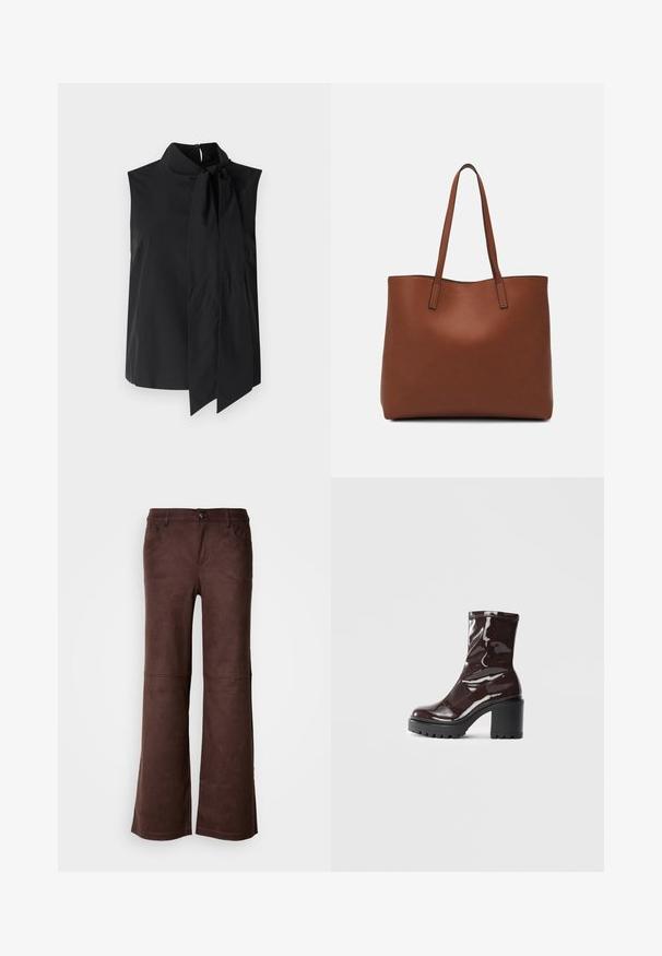 Juodas bev сухvantys marškinėliai su aukštu apykaklė ir ilgu užrišamu akcentu kaklo srityje. Sklandus audinys su minimalistiniu dizainu.; Rudos plačios kelnės iš minkštos, panašios į zomšą medžiagos. Turi keturias kišenes, sagų užsegimą ir lygią, tekstūruotą paviršių.; Blizgus burgundių spalvos kulknapis su tankiu juodu kulnu, pasižymintis lygiu paviršiumi ir paprastu dizainu. Nėra matomų užsegimų ar raštų.; Ruda odinė priekabų krepšys su glotnia tekstūra, atviru viršumi ir dviem petnešomis. Su minimalia siuvimo detalėmis ir nematoma aparatūra.