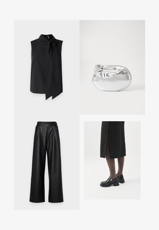 Svart ærmeløs bluse med høy krage og en lang, bundet detalj ved halsen. Glatt stoff med et minimalistisk design.; Svarte, vide bukser laget av lær, med høy midje, folder og to sirkulære knapper foran for lukking.; Sorte lærersko med rund tå, tykk blokkheel og elastiske sideaksenter, sammen med mørke strømpebukser og et svart skjørt med splitt.; Sølvfarget metallisk poseveske med en myk, avrundet form og en knyttet topplukking. Laget av glatt imitert skinn.