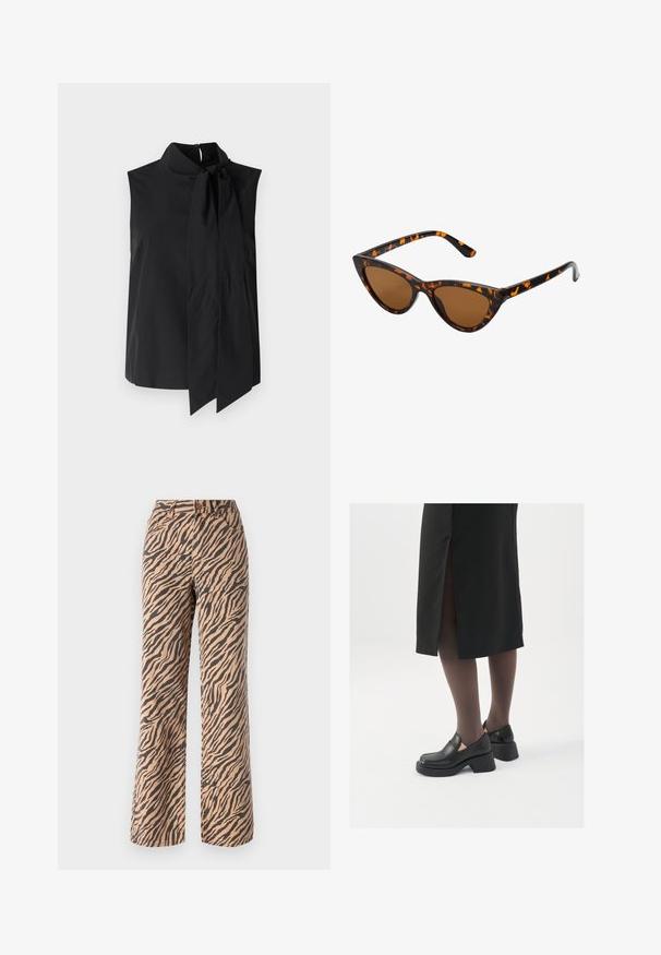 Black sleeveless blouse with a high collar and a long, tied accent at the neckline. Smooth fabric with a minimalistic design.; Wide-leg trousers with a tiger stripe pattern in shades of brown and black, featuring a standard waist and five-pocket design.; Black leather shoes with a rounded toe, thick block heel, and elastic side accents, paired with dark tights and a black skirt with a slit.; Cat-eye sunglasses with a black and orange tortoiseshell frame, brown lenses, and sleek, pointed tips. Features a minimal logo on the temple.