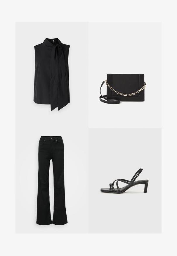Black sleeveless blouse with a high collar and a long, tied accent at the neckline. Smooth fabric with a minimalistic design.; Black flared jeans made from denim, featuring a high waist, five pockets, and metal button closure. Smooth texture with minimal detailing.; Black strappy sandal with a square toe and a low block heel. Features multiple thin straps and an adjustable ankle strap. Made of smooth leather.; Black leather crossbody bag featuring a smooth texture, rectangular shape, and a metallic chain detail on the front. Adjustable strap included.