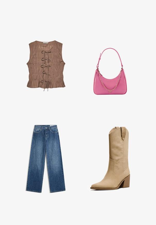 Brauner ärmelloser Oberteil aus strukturiertem Stoff, mit einer vorderen Schnürung und gerafftem Detail entlang dem Saum.; Helle Jeans aus blauem Denim mit weitem Bein, stone-washed Finish, fünf Taschen und einem gepunkteten Muster im gesamten Stoff.; Bershka HIGH-HEEL - Cowboy-/Bikerboot - beige; Rosa synthetische Schultertasche mit geschwungener Form, glatter Textur, abnehmbarem Kettenriemen und einem runden Logodetail auf der Vorderseite.