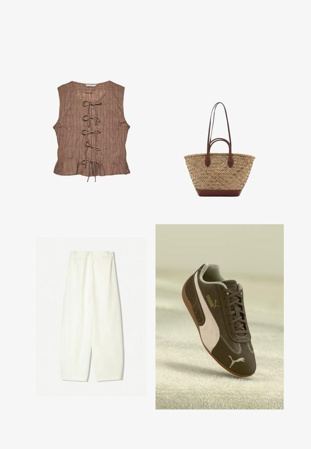 Hnědý bezramínkový top s texturovanou tkaninou, s předním zavazováním a nařasením podél spodního lemu.; Kalhoty s širokými nohavicemi v jemné krémové tkanině, s hladkou texturou, předními kapsami a uvolněným střihem s mírně zvýšeným pasem.; Hnědé tenisky Puma s béžovým pruhem a logem, zavázané, odpočívající na strukturovaném béžovém povrchu.; Tkaná slaměná taška s pletenou texturou, tmavě hnědé kožené uchy a dnem, široký kulatý tvar a otevřený vrchní design.