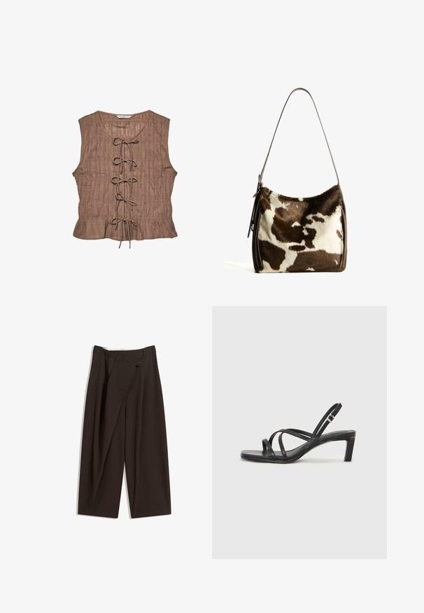 Rjava brezrokavnik z teksturirano tkanino, ki ima sprednji vezalni dizajn in gubanje ob robu.; Temno rjave široke hlače z visokim pasom, ki imajo en gumb za zapiranje in zamaščen sprednji del. Narejene so iz lahkega blaga.; Črne natikače s trakovi in kvadratnim prstom ter nizkim blokastim peto. Imajo več tankih trakov in nastavljiv trak okoli gležnja. Narejene so iz gladkega usnja.; Rjav in krem torba iz kravjega usnja s gladkim usnjenim trakom, z zadrgo in mehko, strukturo površino, ki prikazuje naravni vzorec.