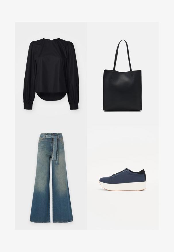 Fekete blúz hosszú puffos ujjakkal, kerek nyakkivágással és enyhén ívelt aljjal. Simább, könnyű anyagból készült, gombos mandzsettákkal.; Bőszárú farmernadrág, világos és sötétkék árnyalatokkal, magas derekú, övgyűrűkkel és a nadrággal megegyező anyagú övvel. Textúrált farmer kivitel.; Sötétkék sportcipő, texturált szövet felsőrész, fehér platform talp, lekerekített orr és fekete sarok akcentussal. Hat fűzőlyuk található rajta.; Fekete bőrtáska sima felszínnel, téglalap alakú, két hosszú füllel. Nincs látható fémkiegészítő vagy díszítés.