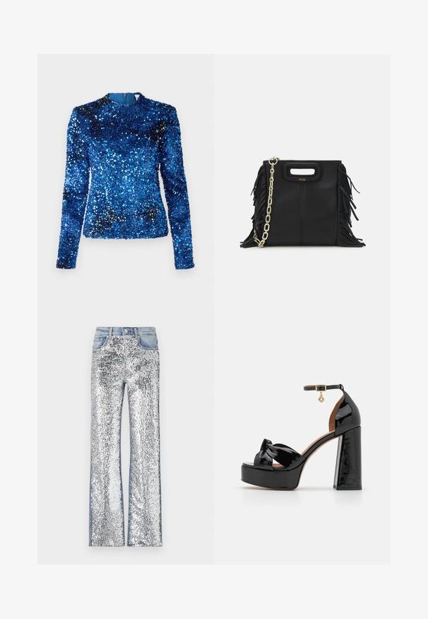 Zils spīguļots topiņš ar garām piedurknēm, augstu kakla izgriezumu un gludu iekšējo odere, ar teksturētu virsmu, kas klāta ar atstarojošiem spīguļiem.; Sudraba paildzinātas džinsi ar platām kājām, kurām ir džinsa josta un sāni, veidojot teksturētu, atstarojošu virsmu.; Maje Augstpapēžu sandales - noir; Melna ādas rokassoma ar frizūras detaļām, zelta ķēdes plecu siksnu un izgrieztu rokturi. Ir logotipa novietojums priekšpusē.