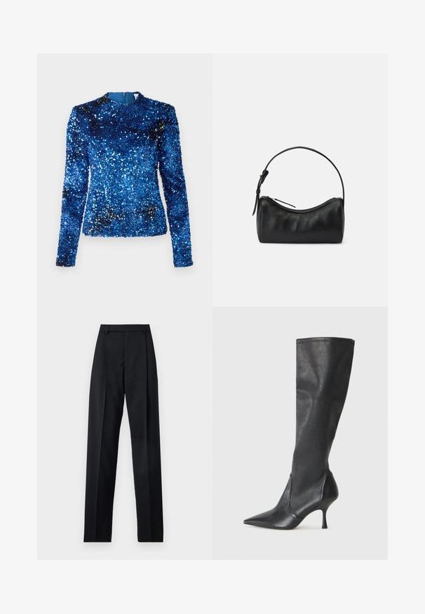 Modrá trblietavá blúzka s dlhými rukávmi, vysokým golierom a hladkou vnútornou podšívkou, s textúrovaným povrchom a reflexnými trblietkami po celom povrchu.; Čierne nohavice vyrobené z hladkej látky s vysokým pásom, širokými nohavicami, prednými záhybmi a klasickými pútkami na opasok. Žiadne bočné vrecká nie sú viditeľné.; Čierne kožené čižmy do výšky kolien s špicatou špičkou a úzkym stiletto podpätkom. Hladká textúra s priliehavým dizajnom a prešitím na vrchnom okraji.; Čierna kožená ramenná taška s zakriveným dizajnom, zipsovým zapínaním a štíhlym popruhom. Vyznačuje sa hladkou textúrou a jemnými detailmi šitia.